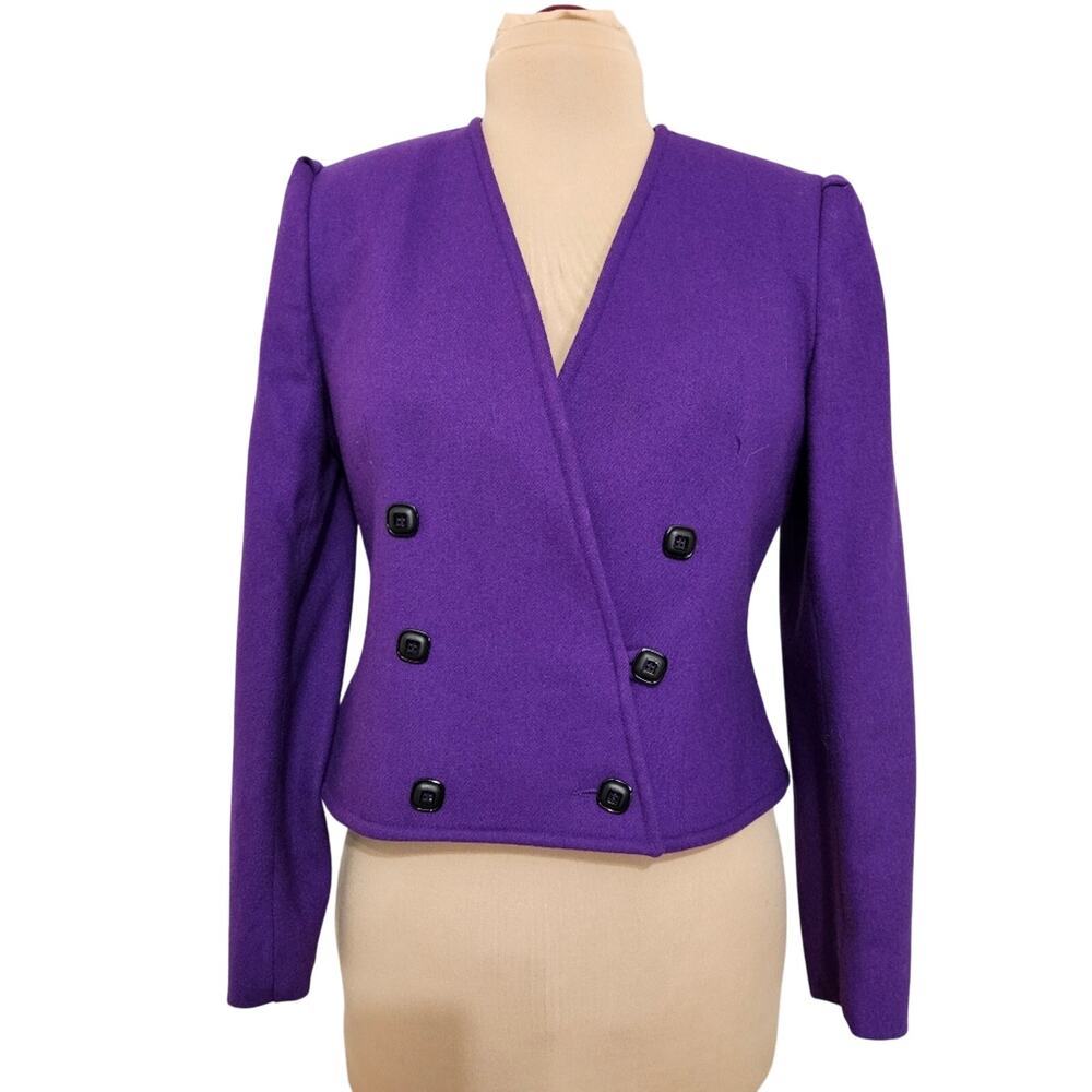 Bert Newman Blazer Womens Size 12 Purple Wool‎ Double Breasted Crop Suit Jacket